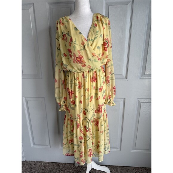 Lauren Ralph Lauren Butter Yellow‎ Floral Tiered Dress Sz 14 Cottagecore Fairy - Picture 1 of 13